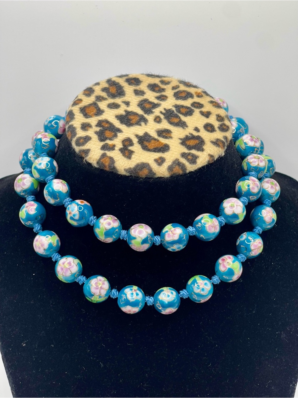 Vintage Blue Floral Cloisonné Bead Necklace - Women Jewelry